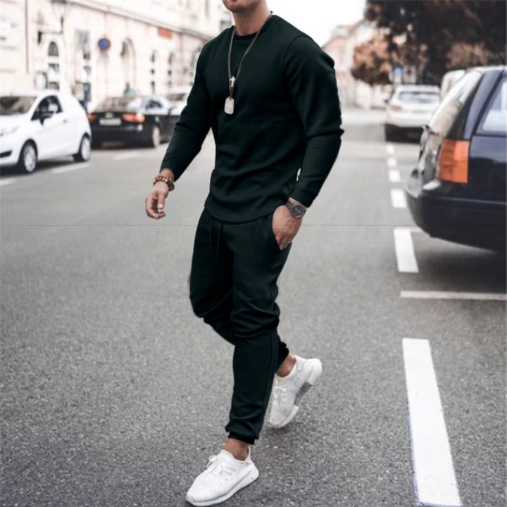 Men's cotton two-piece loungewear set, relaxed fit, long sleeve & pants for ultimate casual comfort.