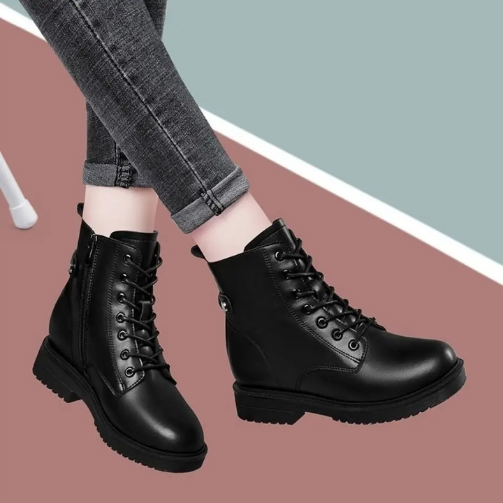 Women's black lace-up ankle boots with side zipper, non-slip sole. Comfortable & versatile fall/winter footwear.