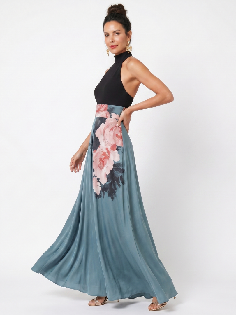 Sleeveless floral halter maxi dress for women, featuring a front slit, ideal for spring & summer formal events.
