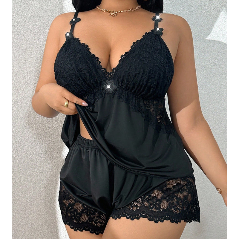 Women's lace trim shorts pajama set, comfortable and elegant sleepwear.