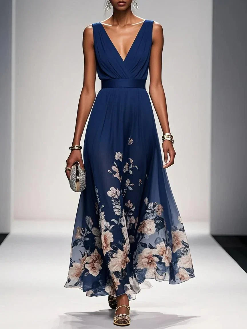 Flowy A-line V-neck floral maxi dress for women, comfortable & stylish for summer days.