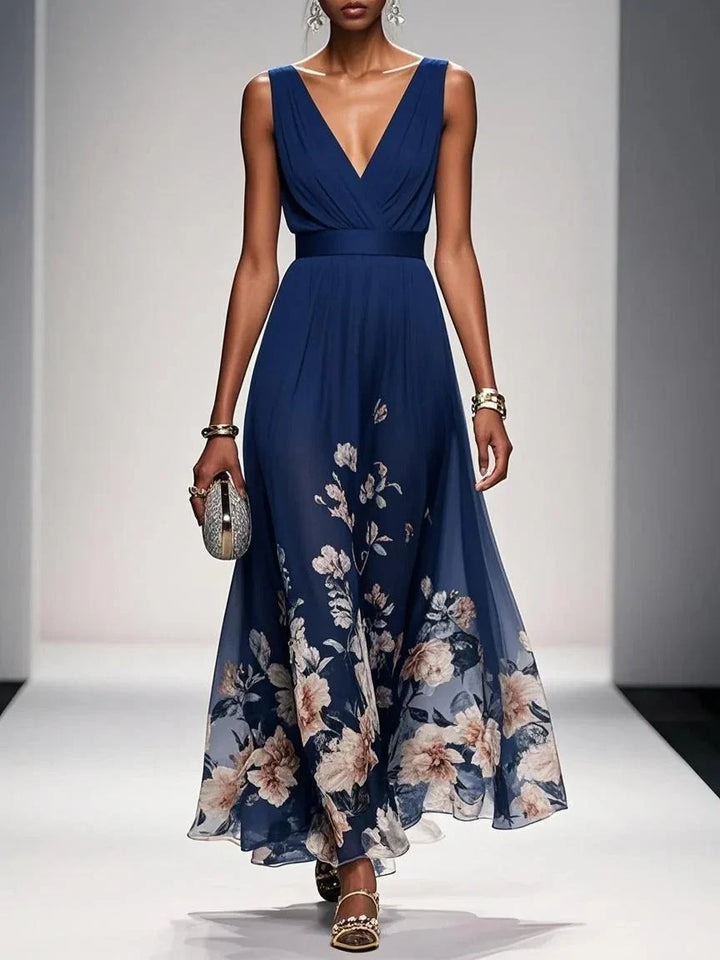 Flowy A-line V-neck floral maxi dress for women, comfortable & stylish for summer days.