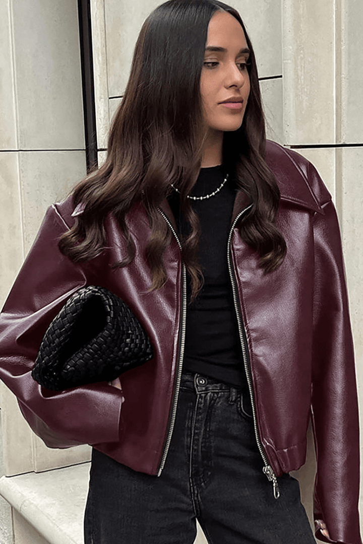 Winterjacke Damen Oversize Kunstlederjacke mit Reißverschluss Übergangsjacke für Damen