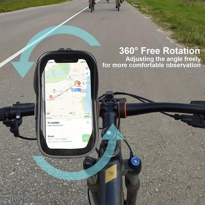 Durable handlebar bag style phone holder for bikes & e-bikes. Waterproof and 360° rotation.