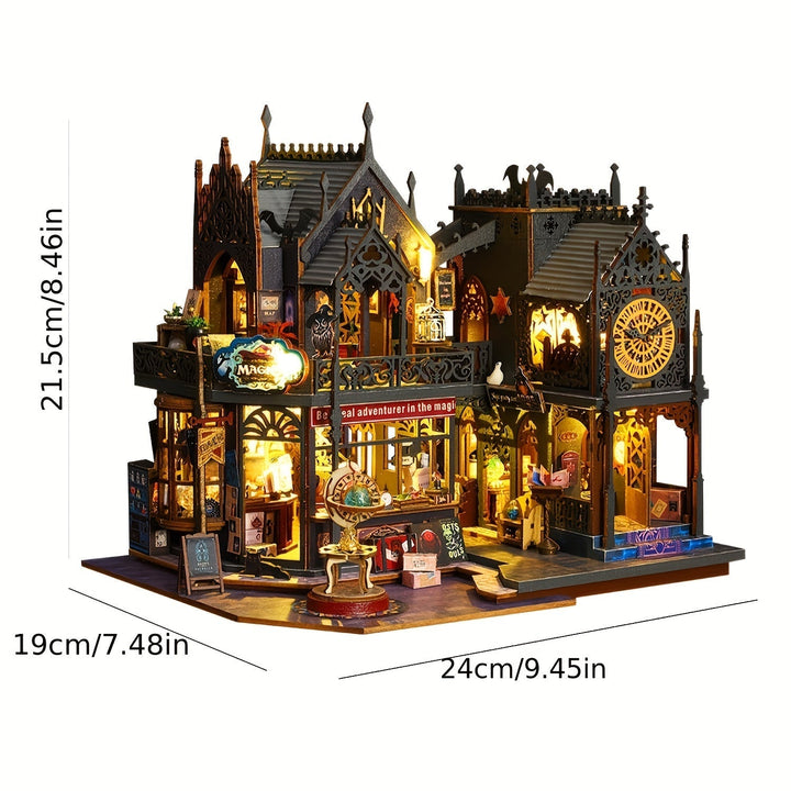 Detailed miniature 3D wooden book nook puzzle with warm LED light, depicting a cozy magical book house scene.