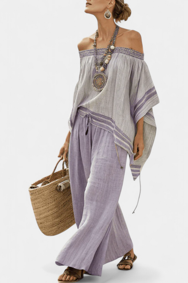 Women's elegant purple off-shoulder top and striped wide-leg pants two-piece set, perfect for summer casual wear.