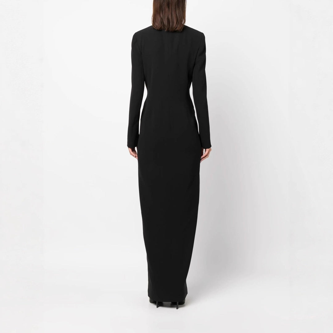 Sophisticated women's double-breasted blazer maxi dress, perfect for elegant formal wear or work attire.