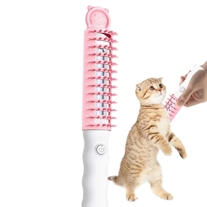 Owner gently brushes dog's fur with the ergonomic heated electric pet grooming tool for comfort.
