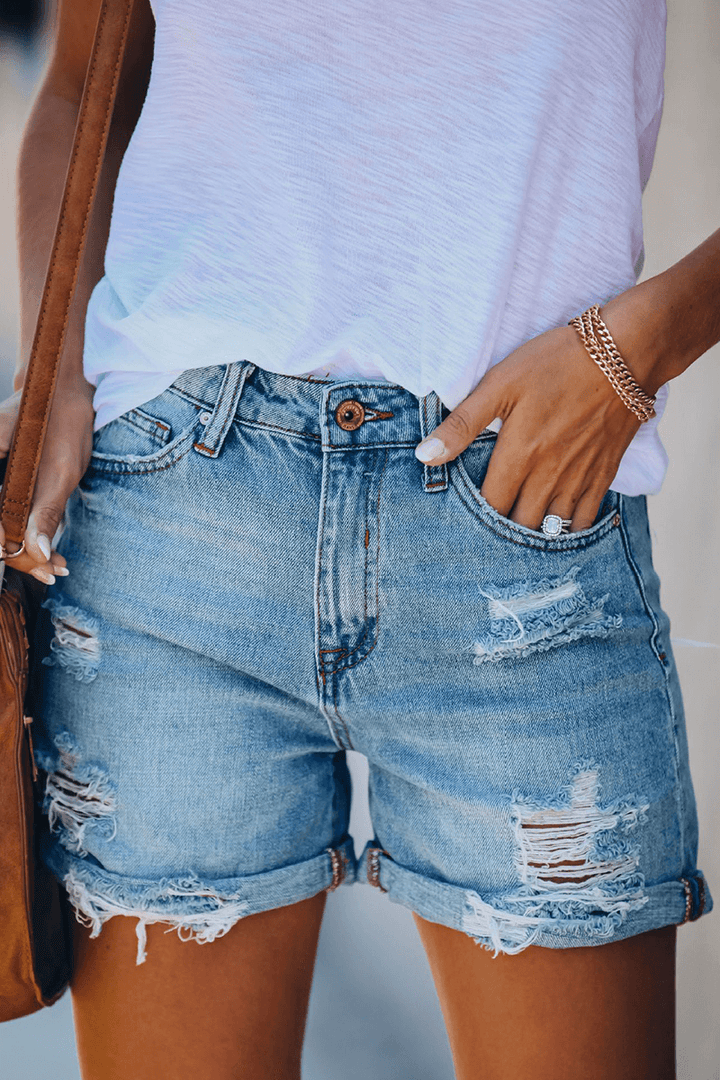 Women's Ripped Denim Shorts with Fringes