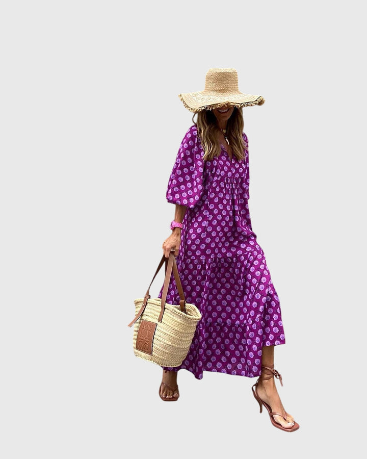 Comfortable women's flowy maxi dress with a Bohemian touch, perfect for elegant summer and holiday wear.