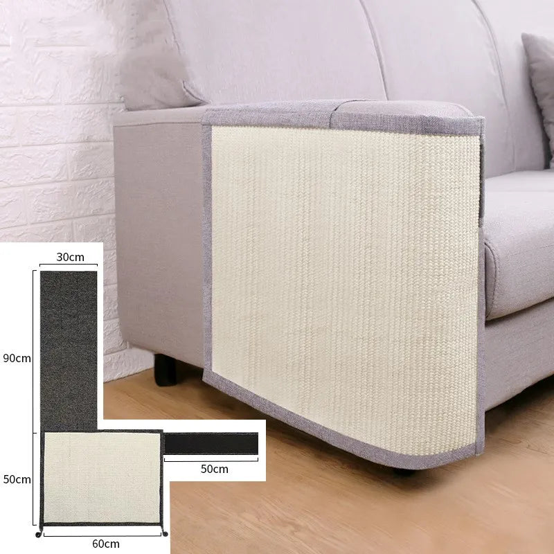 Cat scratching mat, made of natural sisal, perfectly guards sofa armrests from pet damage.