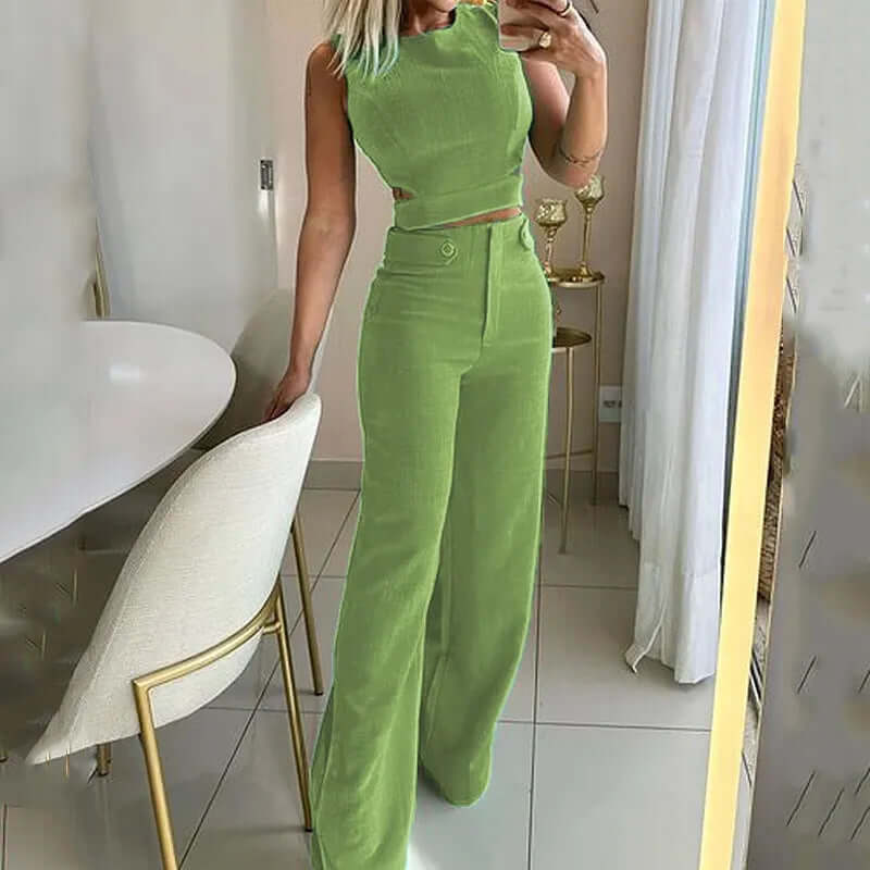 Women's Round Neck Top and Wide Leg Trouser Set
