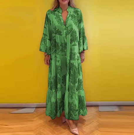 Romantic women's midi wrap dress featuring a unique floral tree design, ideal for day or occasion wear.
