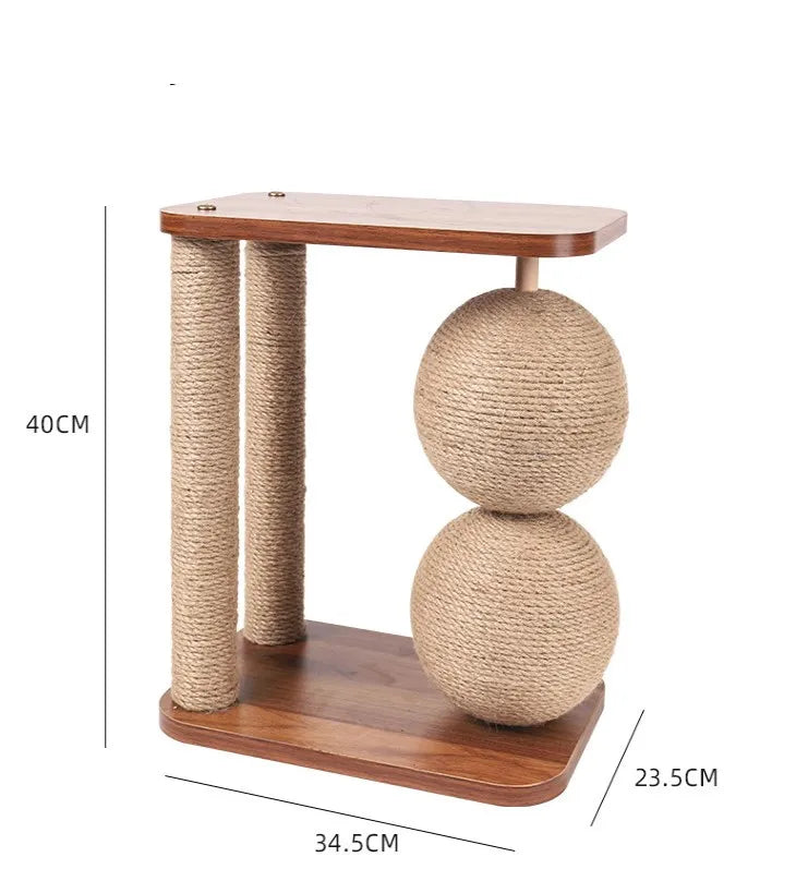Rotating sisal cat toy, a 360° scratching ball for claw care & interactive play on a sturdy wood base.