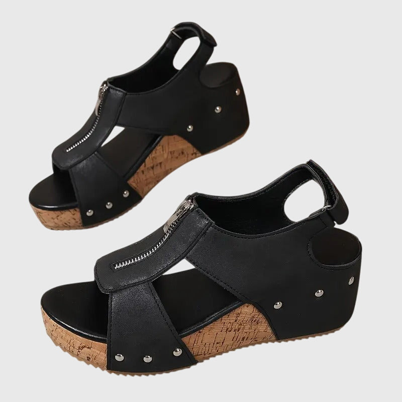 Stylish women's comfort sandals featuring orthopaedic design, wide fit, arch support, and easy zipper.