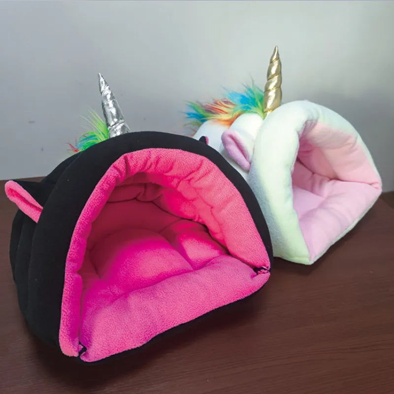 Plush unicorn cat bed, super cozy & comfortable for cats or small dogs. A magical pet retreat.
