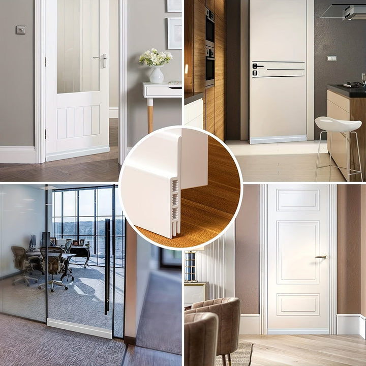 White door draft stopper applied to door bottom, effectively sealing gaps and reducing energy loss.