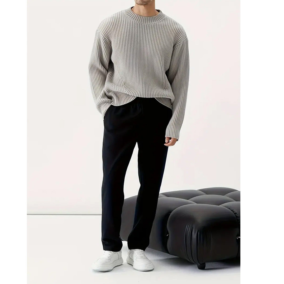 Menswear relaxed fit grey crewneck sweater, featuring a soft ribbed knit for casual, comfortable style.