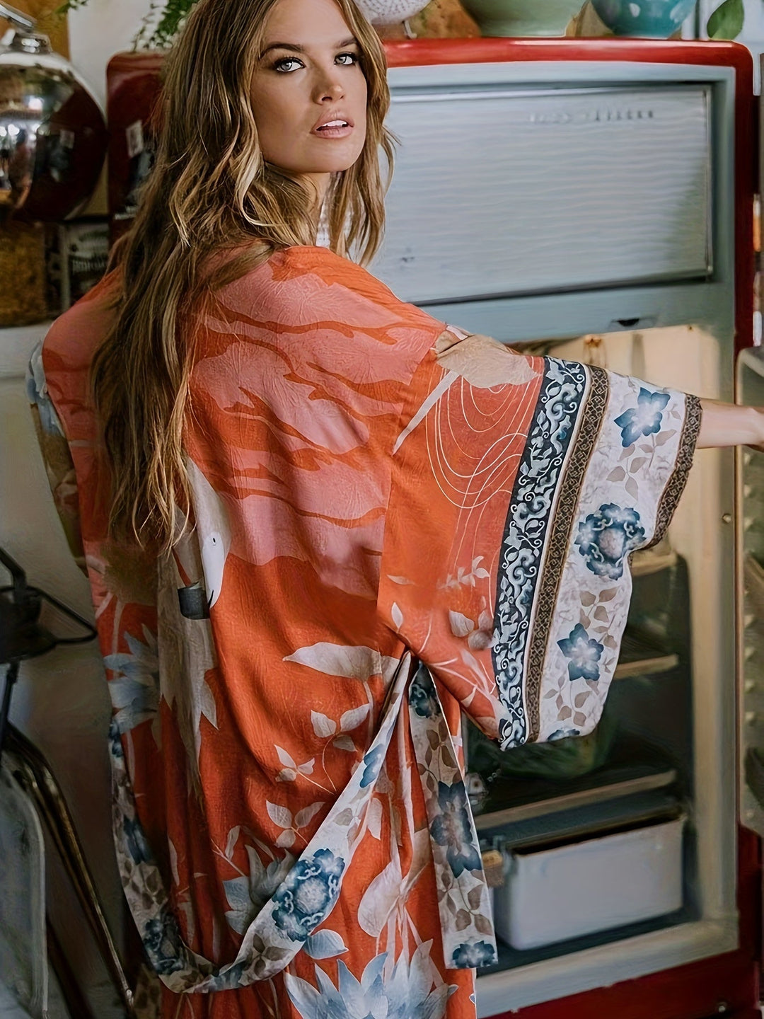 Women's floral print kimono cardigan, a stylish and versatile fashion outerwear piece.