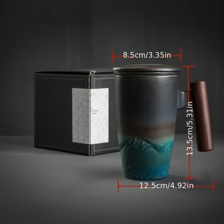 Retro artistic handmade ceramic tea mug with infuser; comfortable and stylish for loose leaf tea.