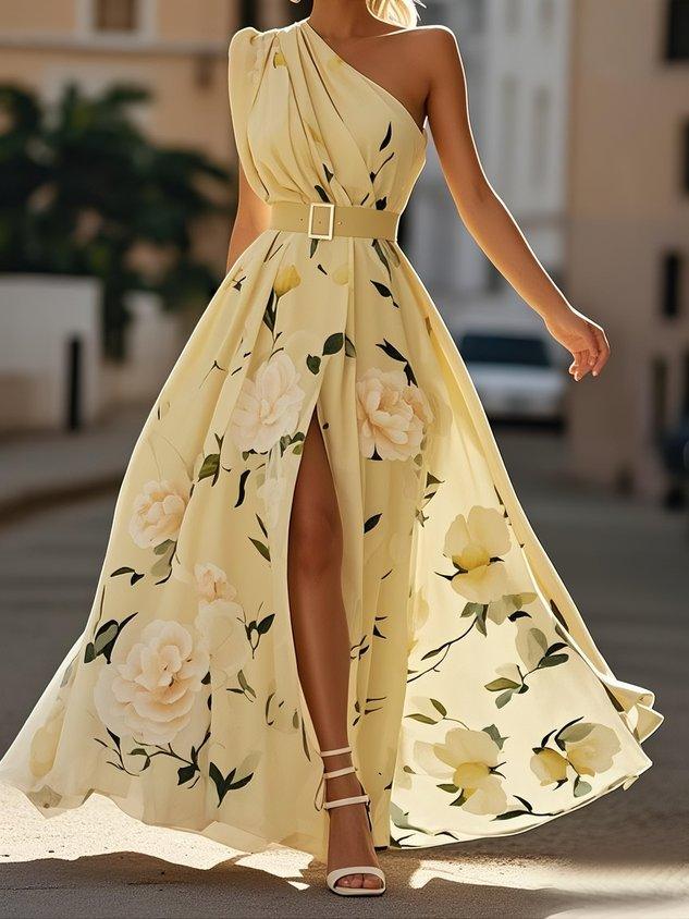 Chic summer evening wear: women's one-shoulder ruched A-line maxi dress, perfect for stylish occasions.