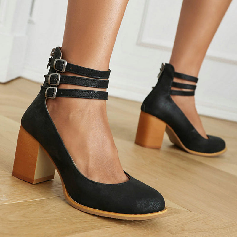 Comfortable chunky block heels for women with a secure ankle strap, ideal for all-day wear.