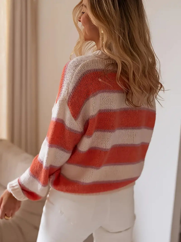Stylish women's blush striped knit long-sleeve jumper. Casual, cozy top for comfortable everyday wear & fashion.