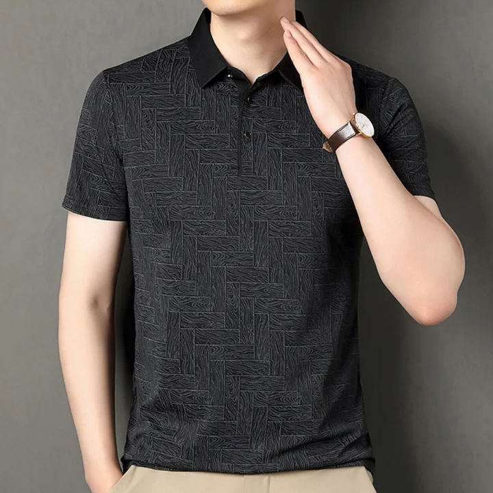 Versatile men's textured knit polo shirt, short sleeve design for a smart casual look or comfortable everyday wear.