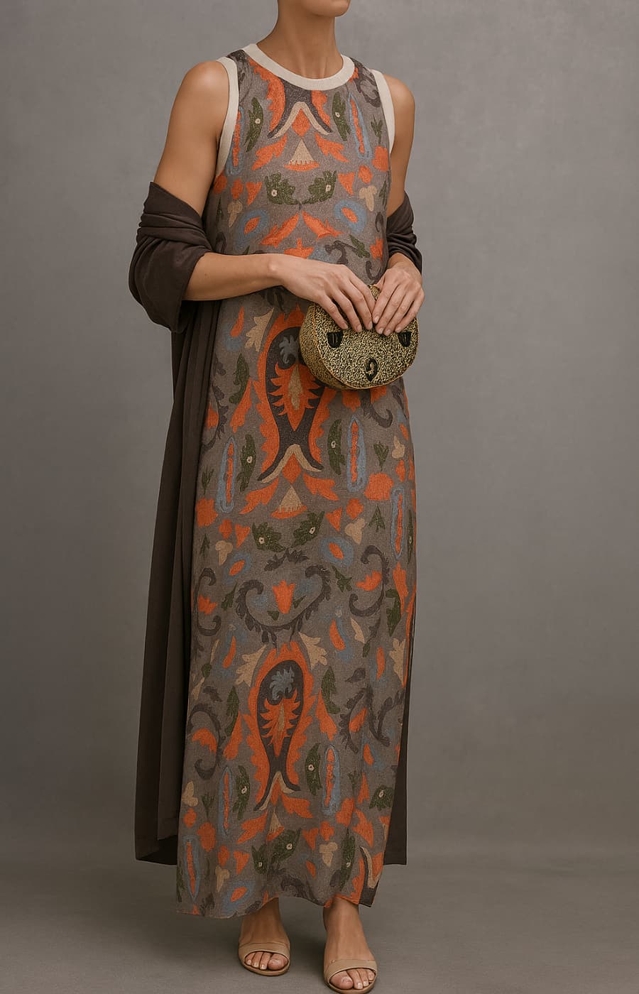 Fashionable women's printed maxi dress and coordinating open-front cardigan, an elegant two-piece outfit.