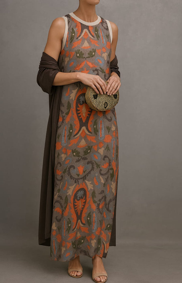 Fashionable women's printed maxi dress and coordinating open-front cardigan, an elegant two-piece outfit.