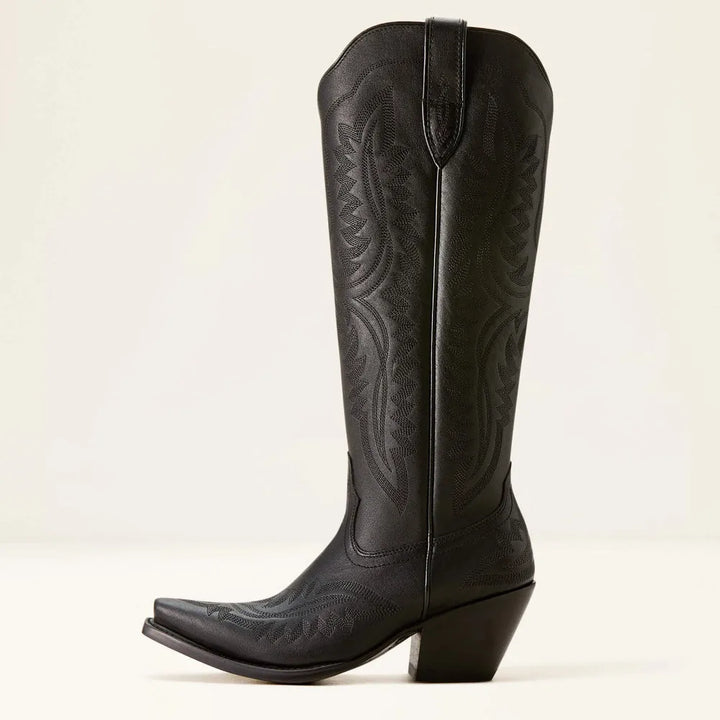 Elegant women's patterned knee-high boots with a refined pointed toe, zip, and comfortable stacked heel.