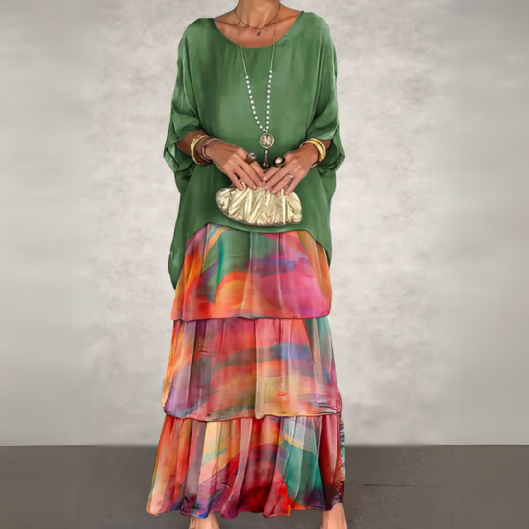 Elegant women's tiered maxi dress with long sleeves, relaxed fit for comfort and style.
