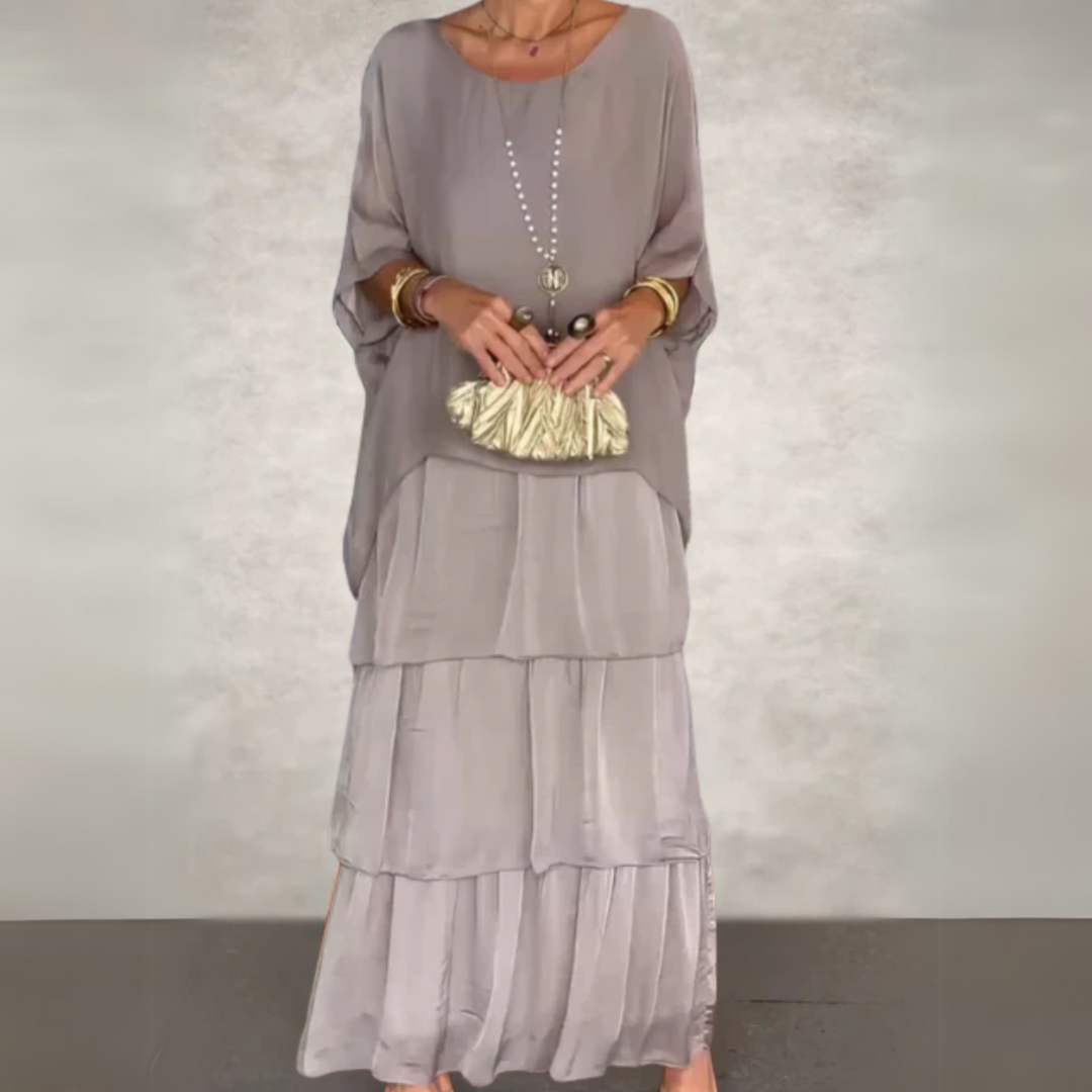 Versatile long sleeve tiered maxi dress for women, an elegant and casual option in a beautiful print.