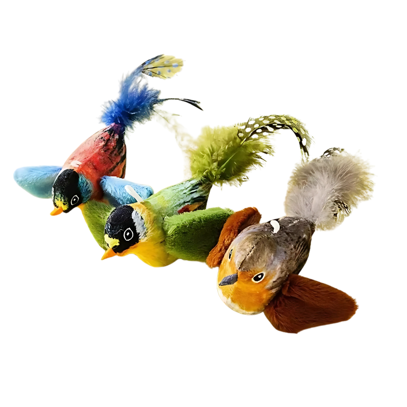 Cat's interactive bird toy set featuring plush feathers & sound for stimulating active play & enrichment.