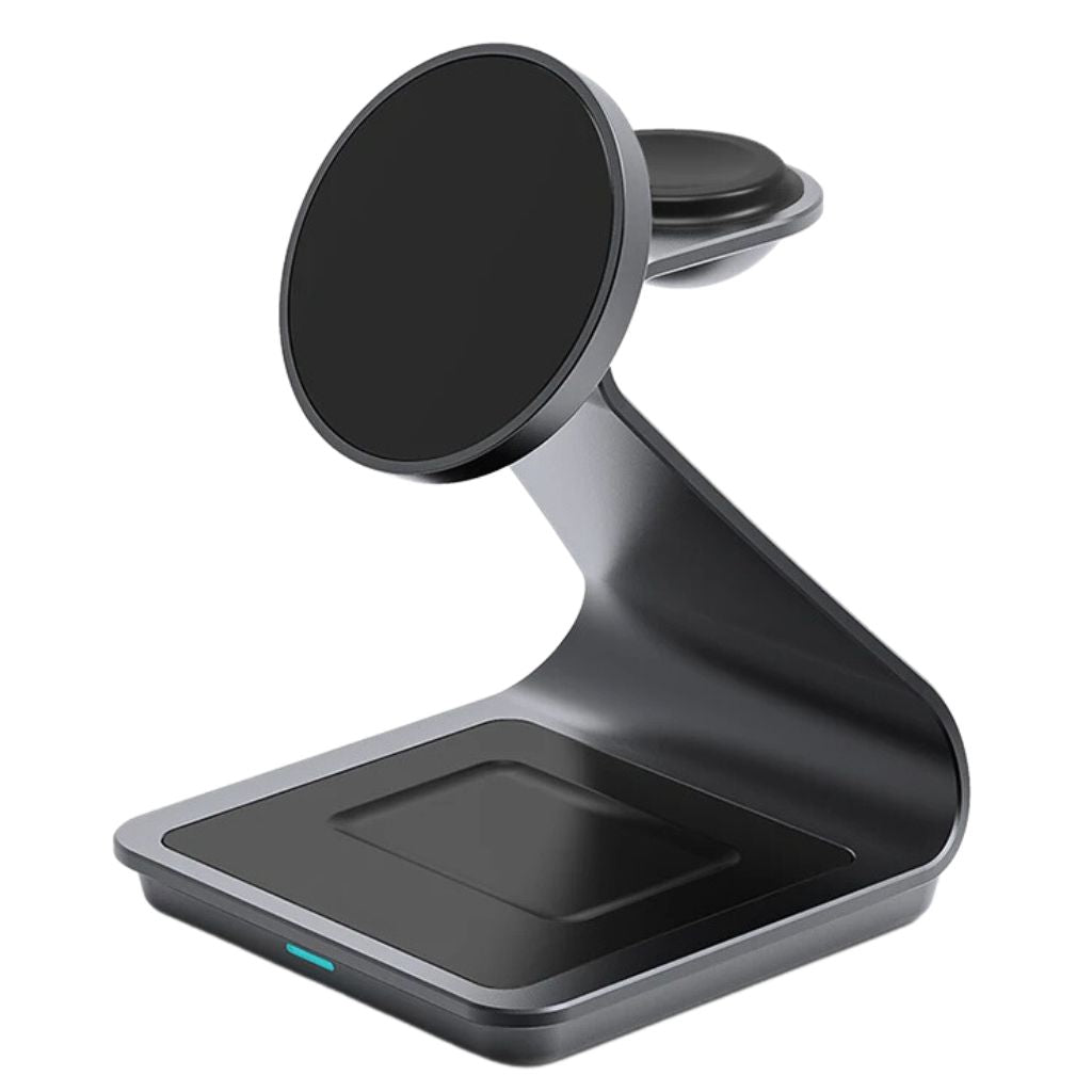 "3-in-1 magnetic wireless charger with sleek aluminum design for iPhone, Apple Watch, AirPods charging on desk, cable-free."