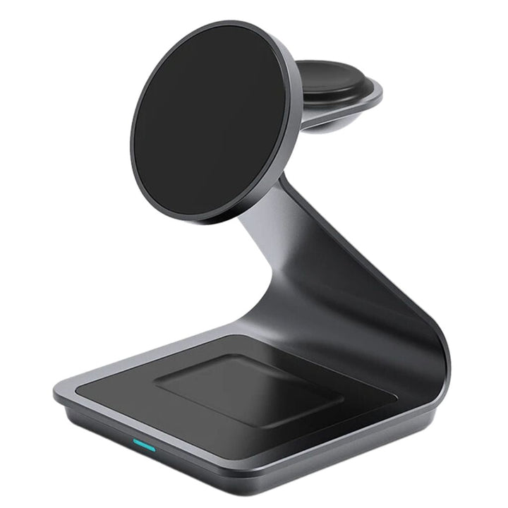 "3-in-1 magnetic wireless charger with sleek aluminum design for iPhone, Apple Watch, AirPods charging on desk, cable-free."
