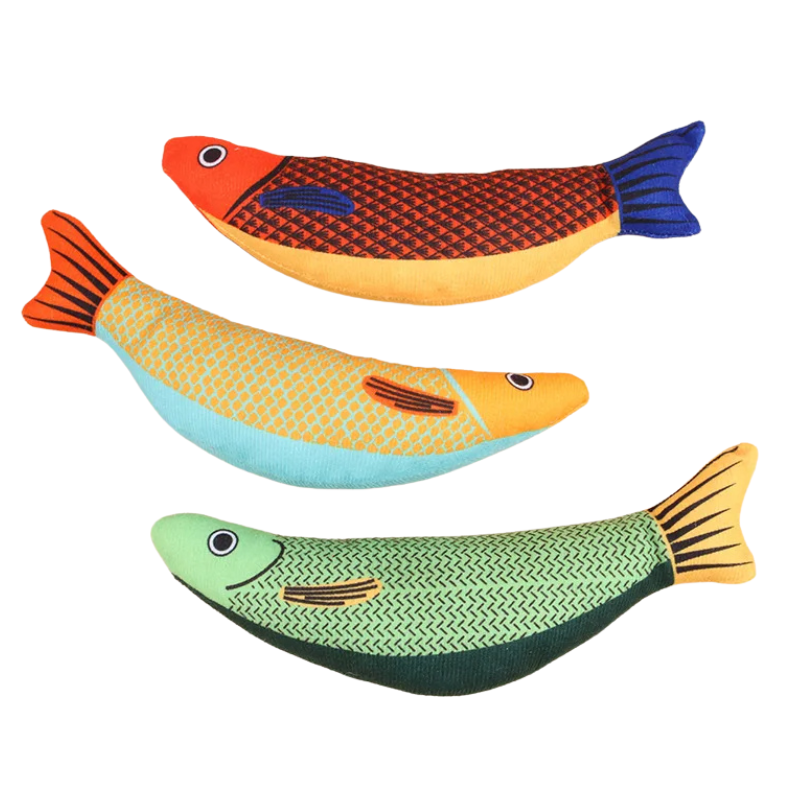 Soft plush catnip fish toys (3-pack) for cats & kittens. Safe, squeaky interactive pet toys for play & stress relief.