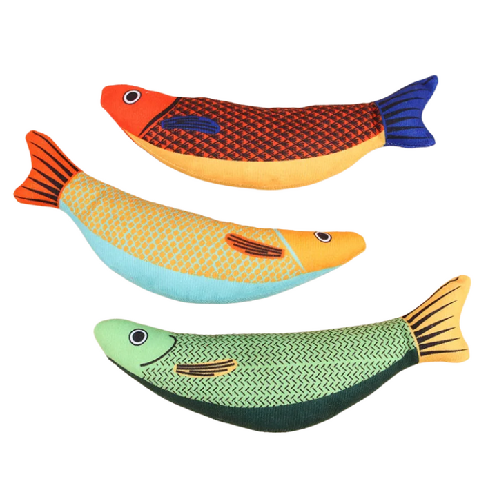 Soft plush catnip fish toys (3-pack) for cats & kittens. Safe, squeaky interactive pet toys for play & stress relief.