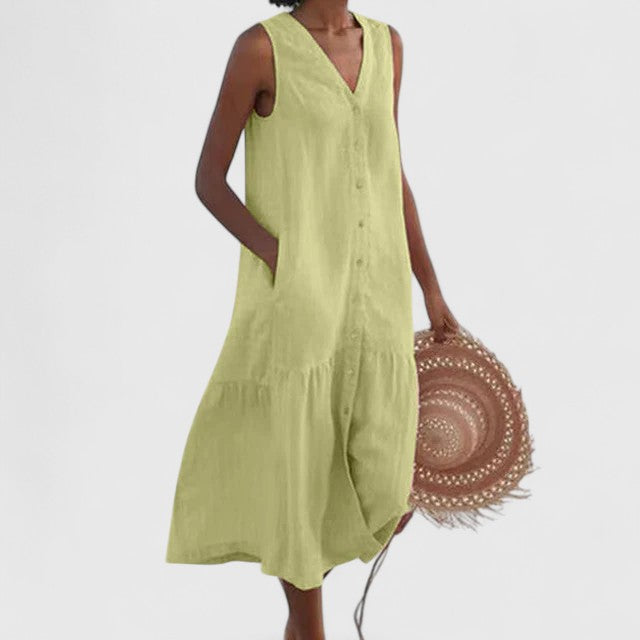 Versatile women's summer midi dress. Effortless, comfortable style for casual, everyday & vacation wear.
