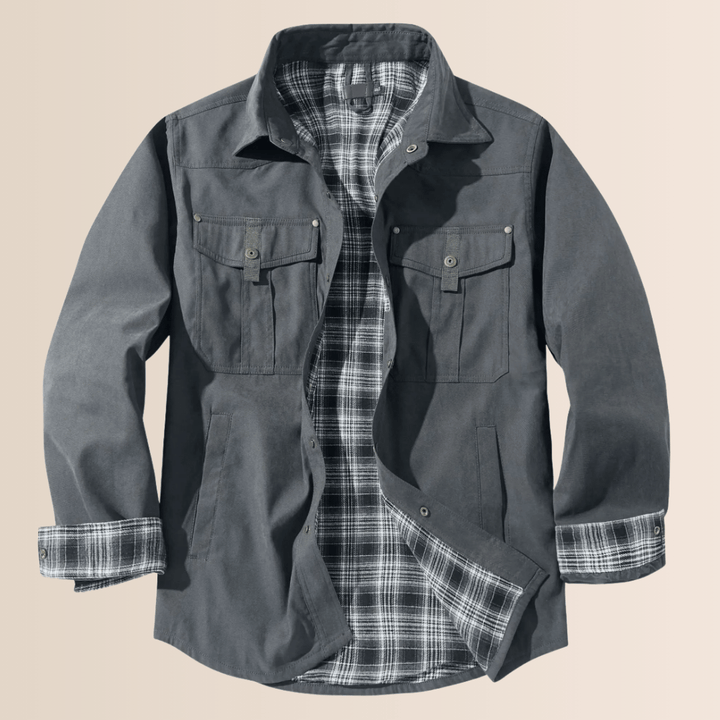 Men's vintage plaid shirt jacket, rugged western style. Versatile casual outerwear & layering piece for men's fashion.