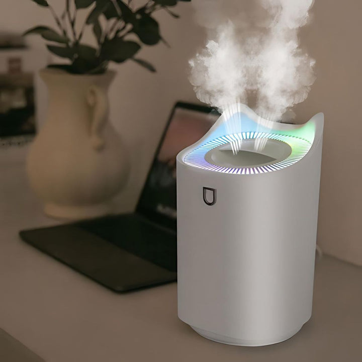 "3000ml ultrasonic humidifier with mist technology in sleek pink design, improves air quality, alleviates respiratory issues.
