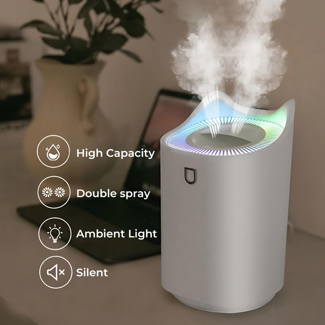 "3000ml ultrasonic humidifier with mist technology in sleek pink design, improves air quality, alleviates respiratory issues.