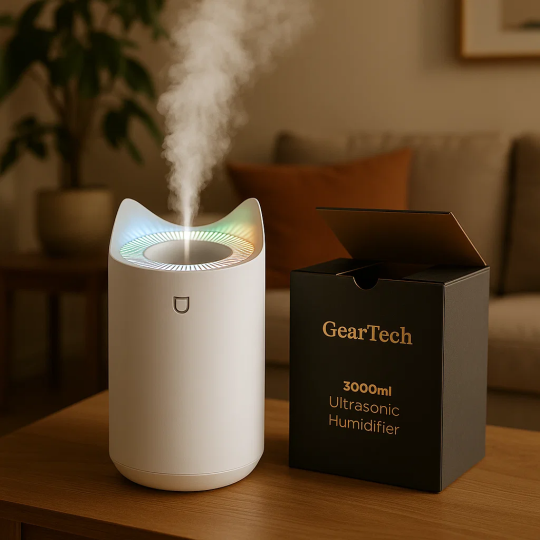 "3000ml ultrasonic humidifier with mist technology in sleek pink design, improves air quality, alleviates respiratory issues.