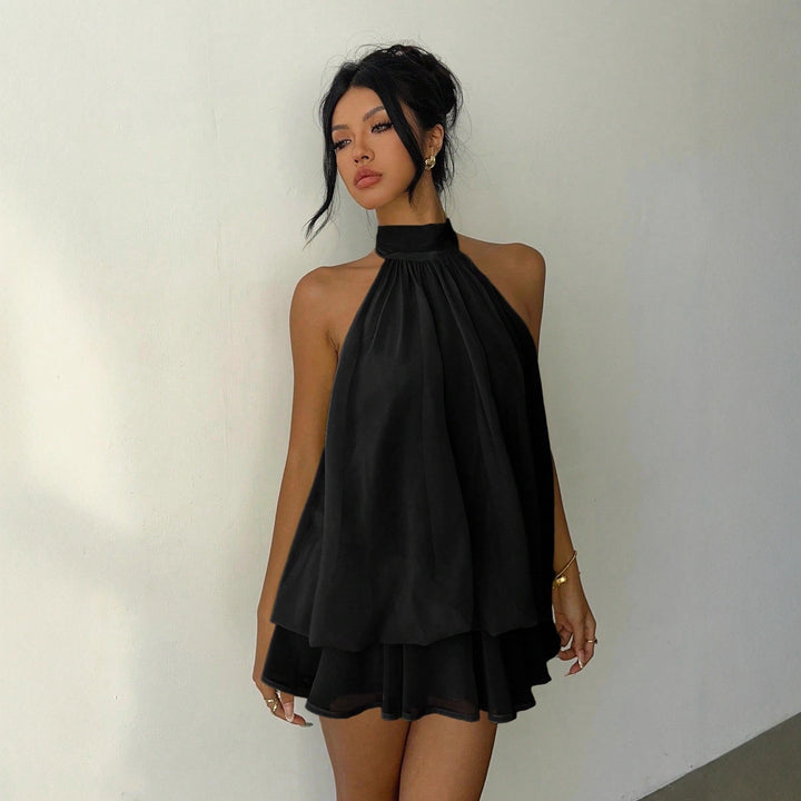 Versatile women's halter neck mini dress; tiered ruffles create a smart casual or elegant party vibe.