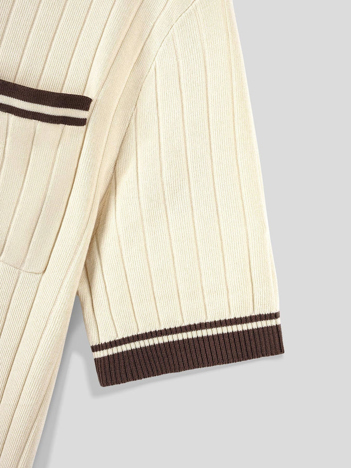 Short-sleeve men's polo tee, ribbed knit texture, beige, finished with a sharp striped trim.