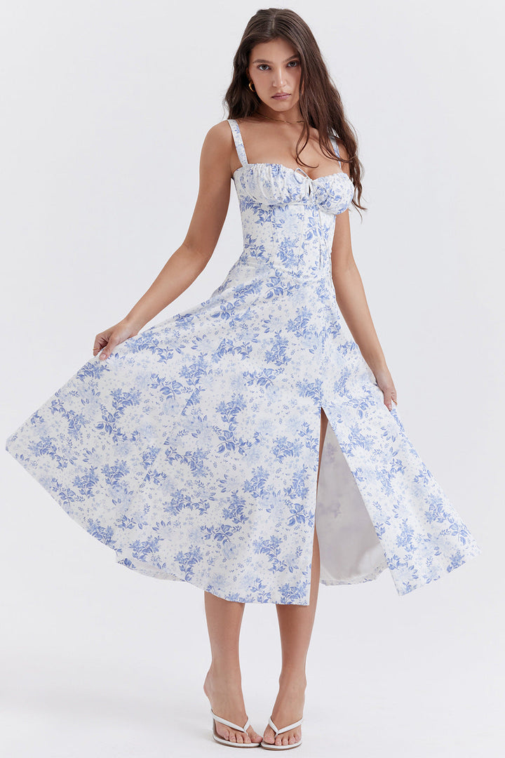 Women's elegant floral print midi dress for spring parties. Heart neckline, bustier style, flattering.