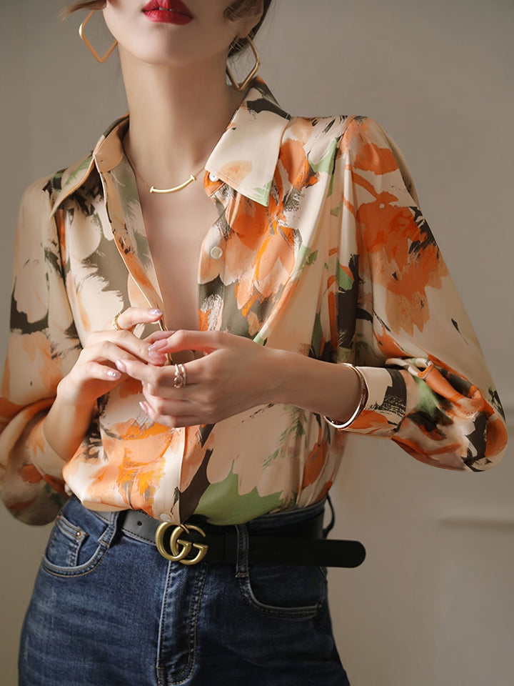 Stylish women's floral blouse, an elegant top for smart casual occasions and versatile autumn outfits.