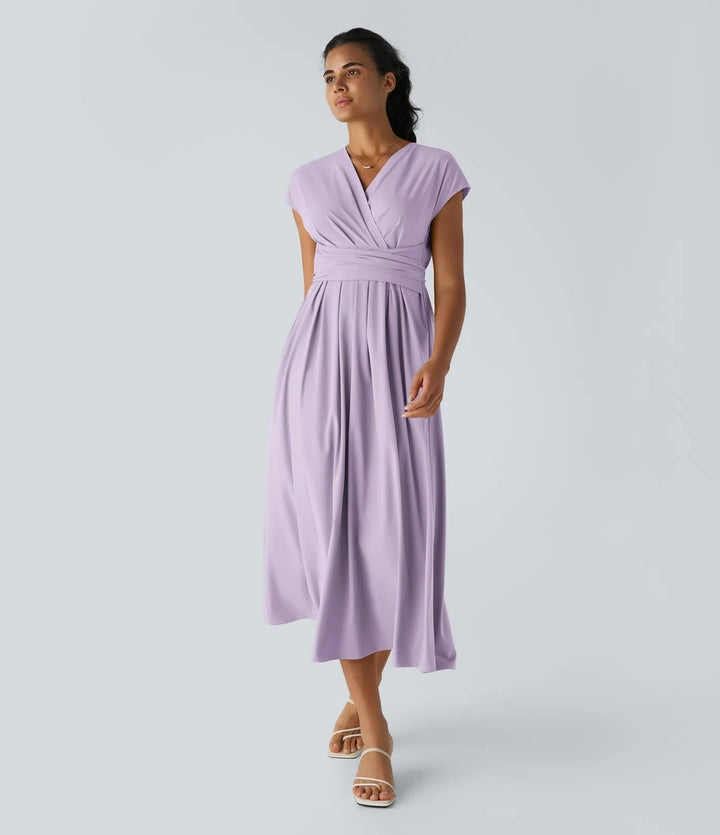 Flattering high-waist V-neck wrap midi dress for women. Elegant short-sleeve design, versatile for any season. [[lstfy-media:5]]