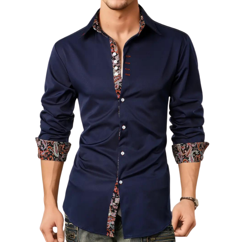 Formal men's tailored button-up shirt with subtle printed accent detail, adding a refined touch.