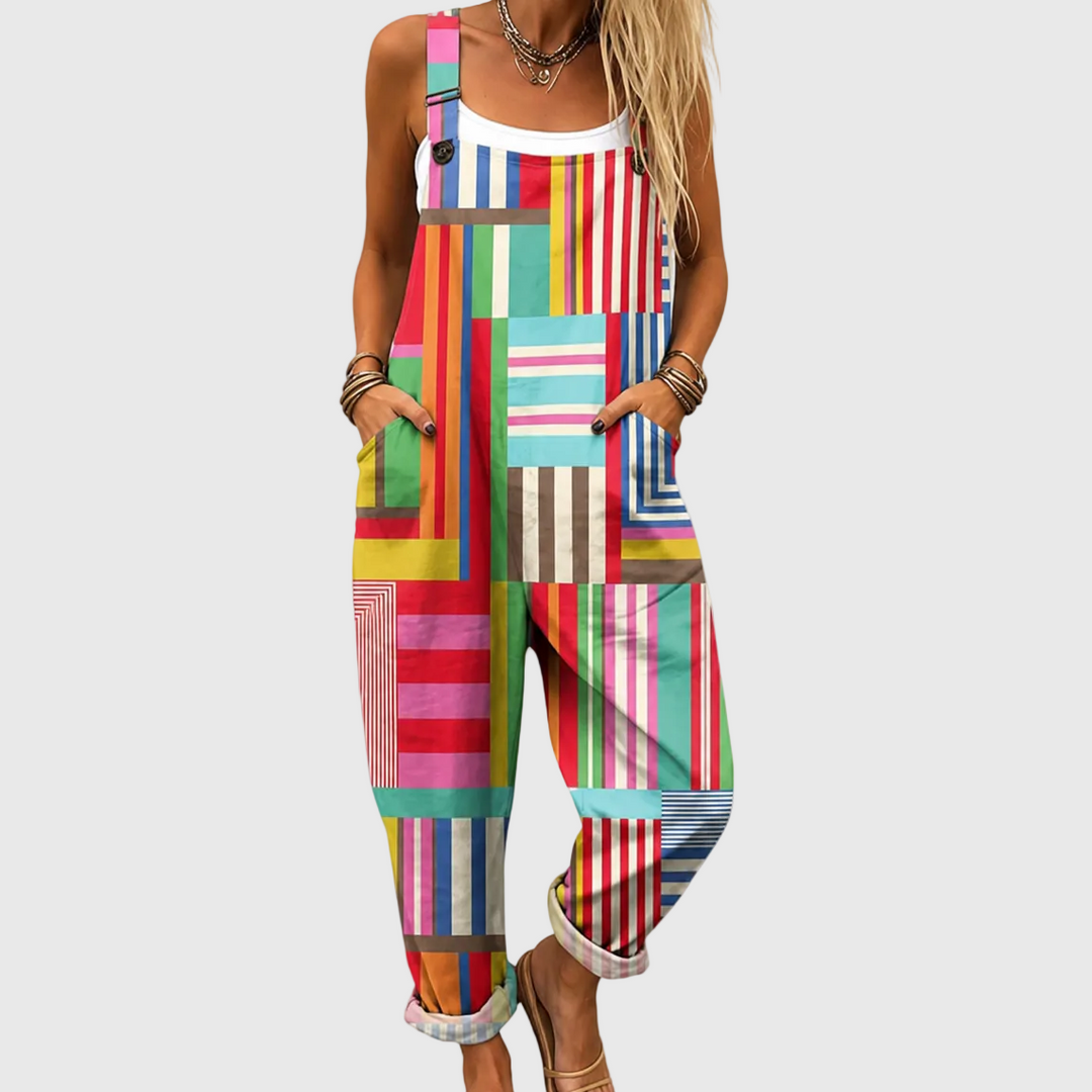 Women's vibrant colorful patchwork overalls jumpsuit with adjustable straps & pockets for comfortable casual wear.